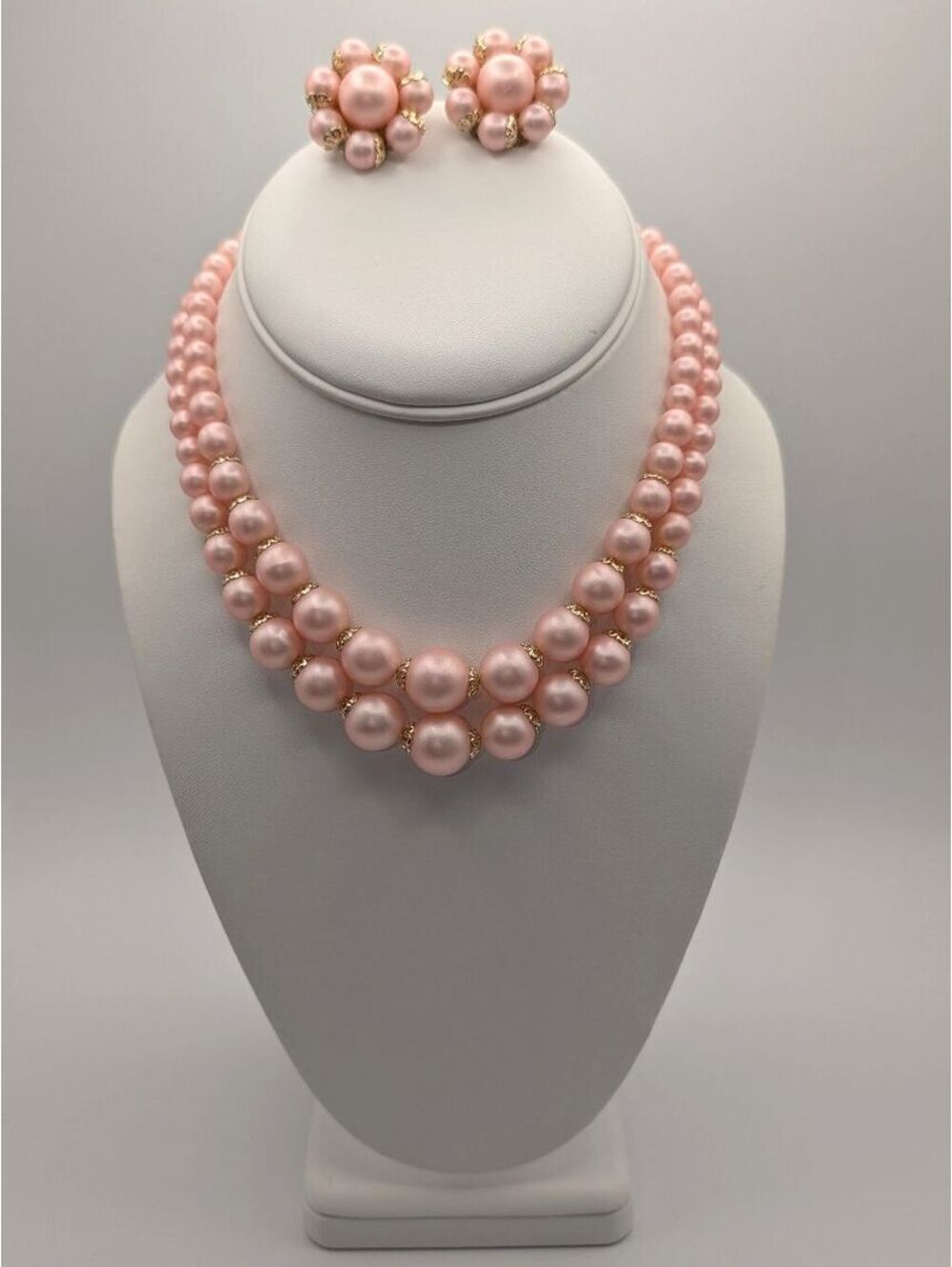 Vintage Pink Faux Pearl Necklace and Clip-On Earrings Set
